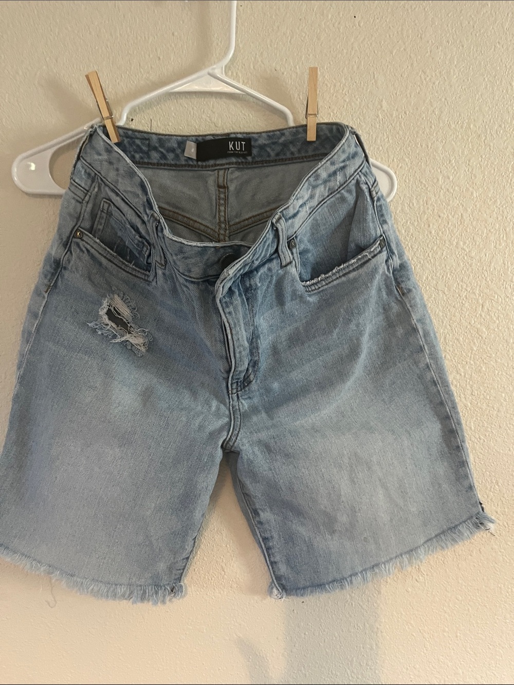 Kut from the Kloth Light Blue Distressed Denim Bermudas